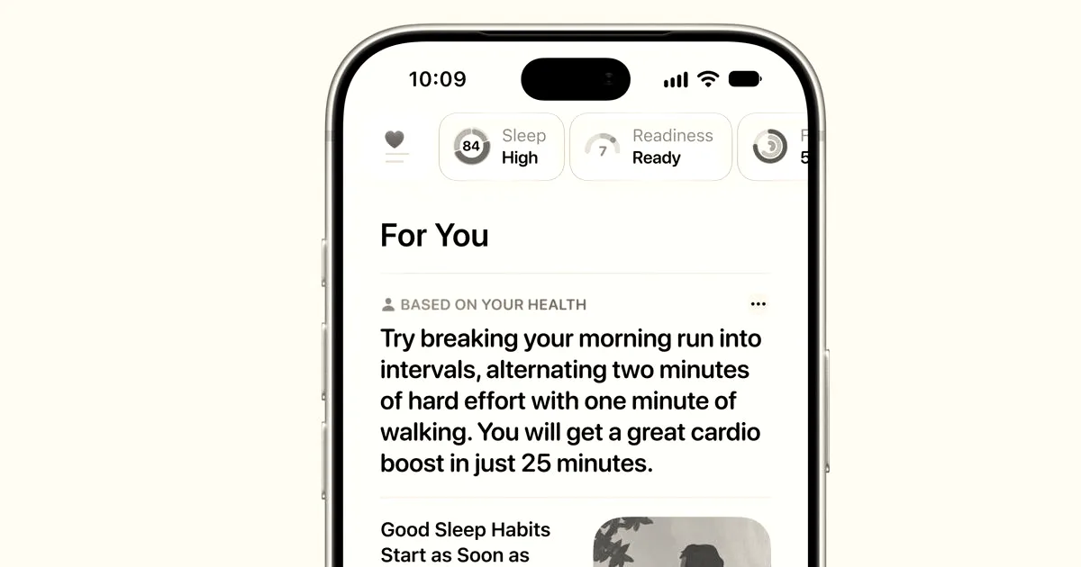 An iPhone screen displaying the Apple Health app with daily activity metrics and personalized health recommendations.