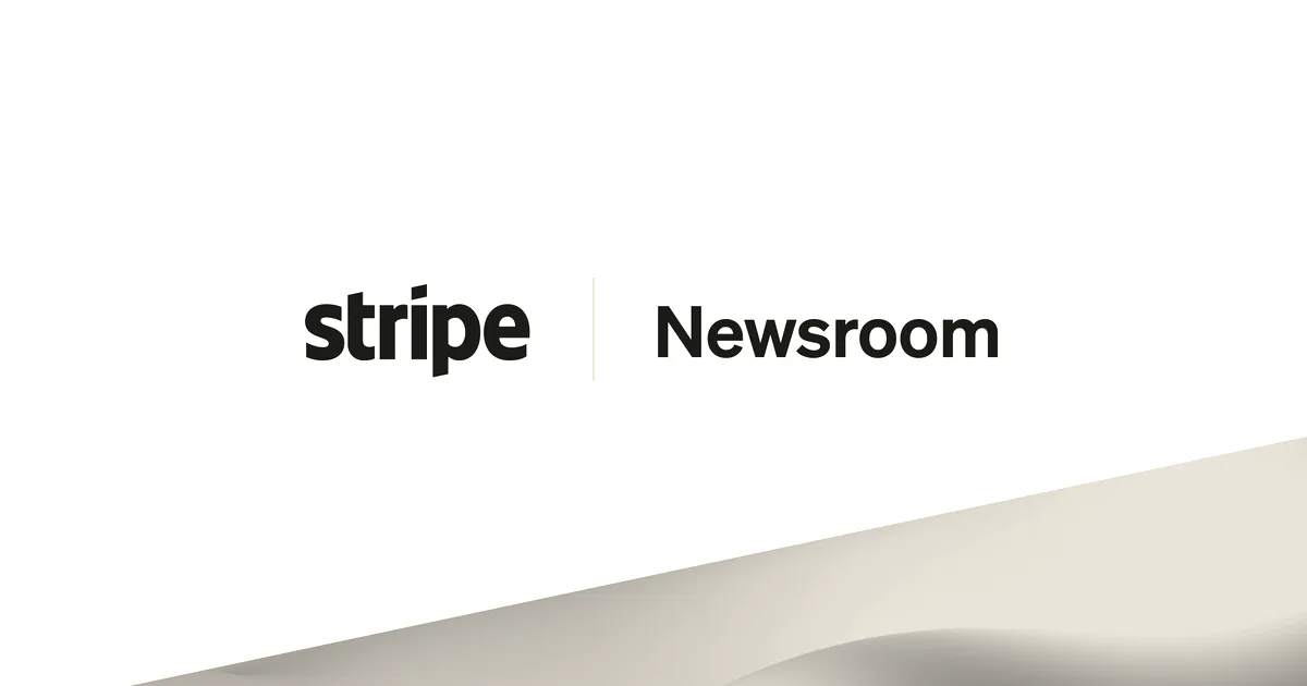 Stripe Newsroom logo wordmark displayed on a light blue background with abstract colorful gradient shapes at the bottom.