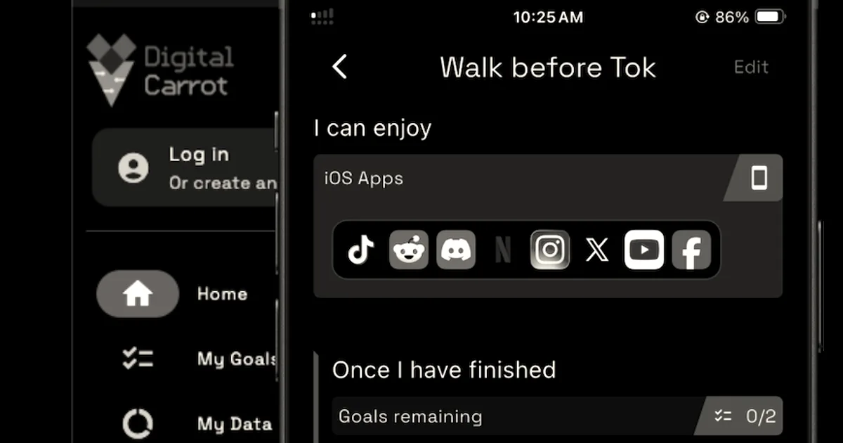Screenshot showing the interface of the Digital Carrot app with goals for walking and washing dishes.