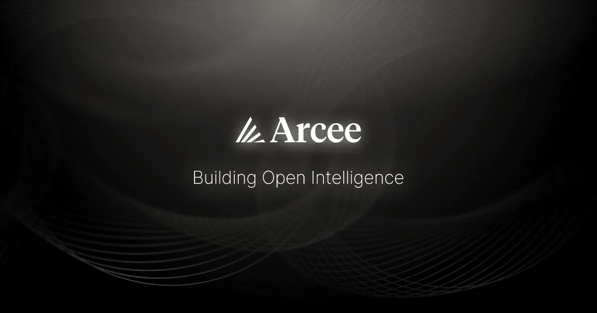 Arcee logo with the text Building Open Intelligence against a dark teal abstract wave background.