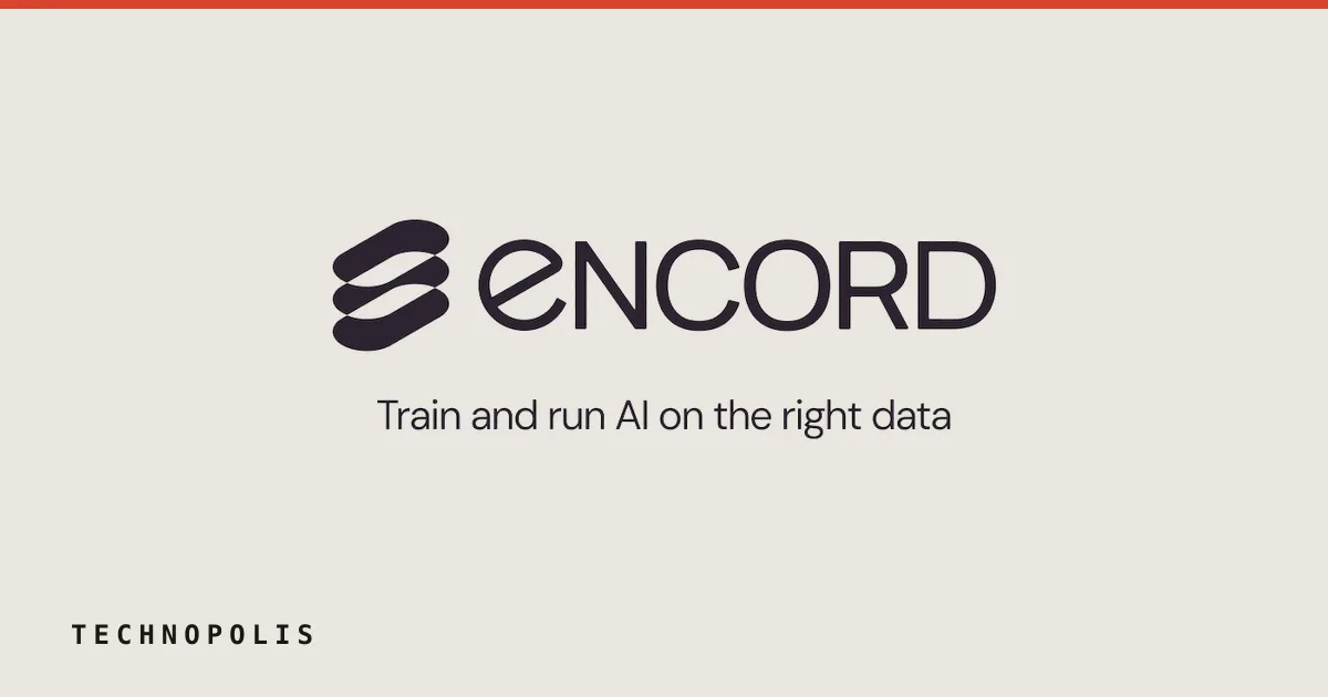 The Encord logo in dark lettering against a pale abstract background with the tagline Train and run AI on the right data.