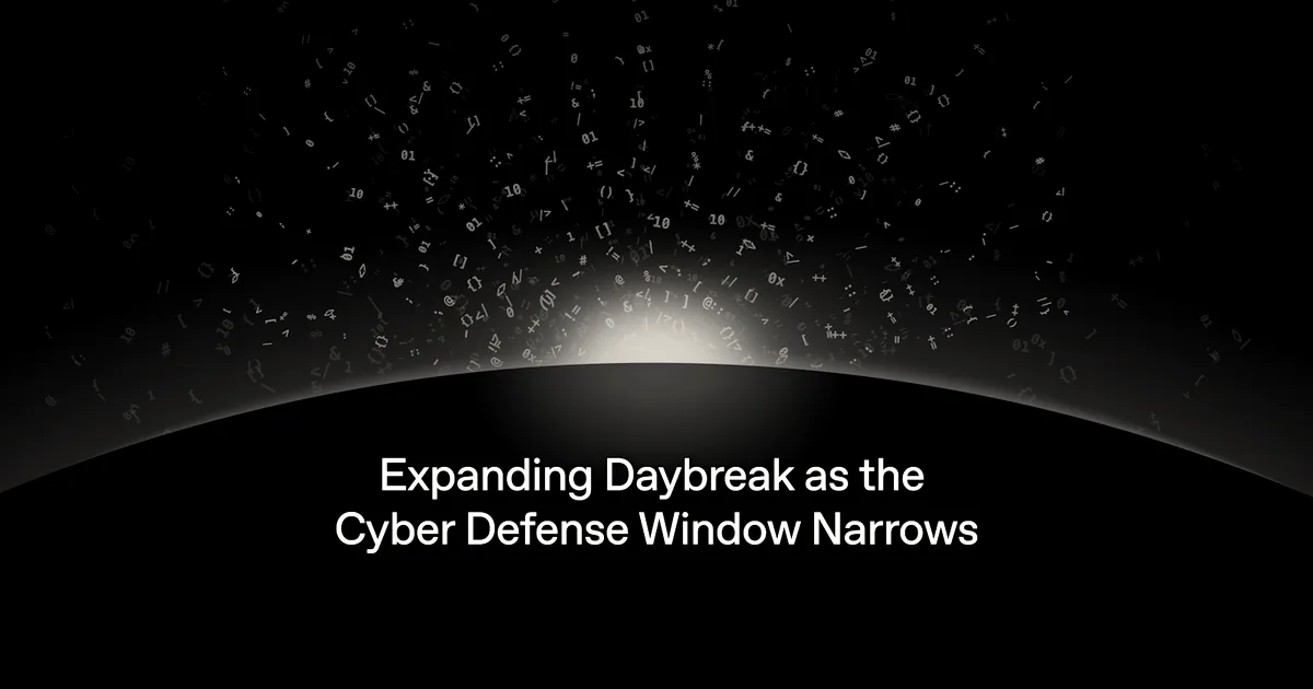Graphic showing a glowing sunrise horizon of binary code with text reading Expanding Daybreak as the Cyber Defense Window Narrows.