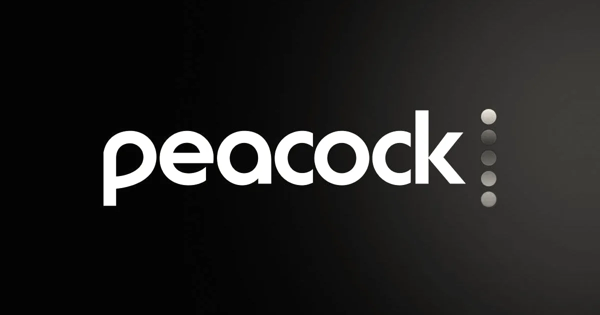Peacock logo wordmark in white against a dark background with colorful dots vertically arranged.
