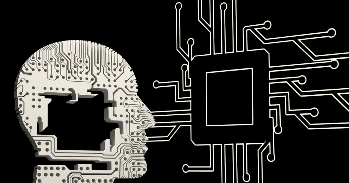 Futuristic 3D render of a glowing digital brain connected to a circuit board against a blue background.
