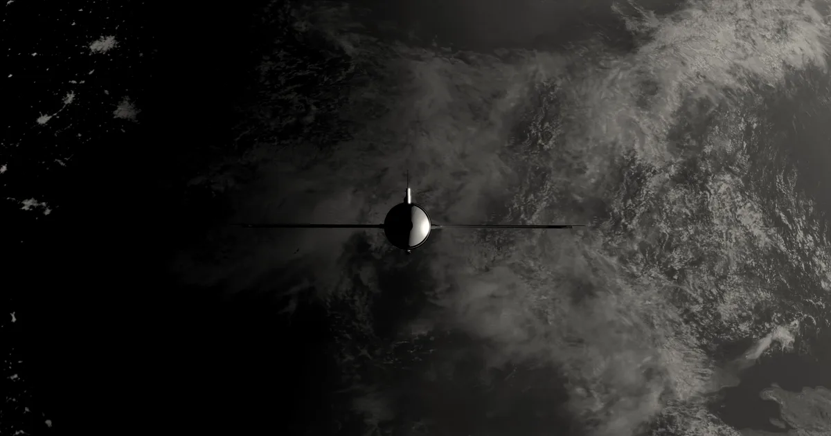 An artistic render of a spacecraft orbiting above Earth with dark and illuminated terrain below.