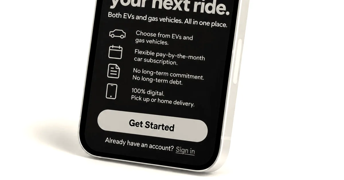 Smartphone displaying the Autonomy app interface featuring a Ford Bronco and subscription details for gas and electric vehicles.