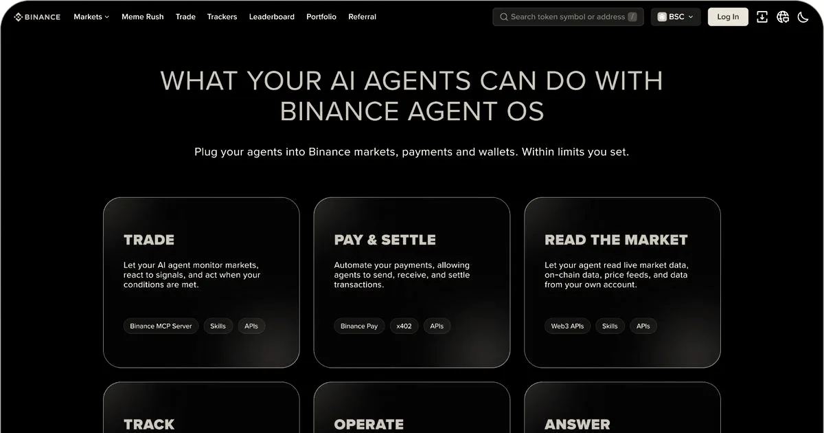 A screenshot of the Binance Agent OS interface detailing capabilities like trade, pay, and track portfolio for AI agents.