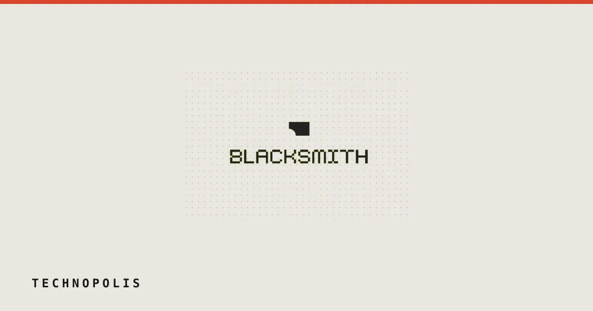 Blacksmith logo with pixelated black lettering and a geometric icon on a bright yellow grid pattern