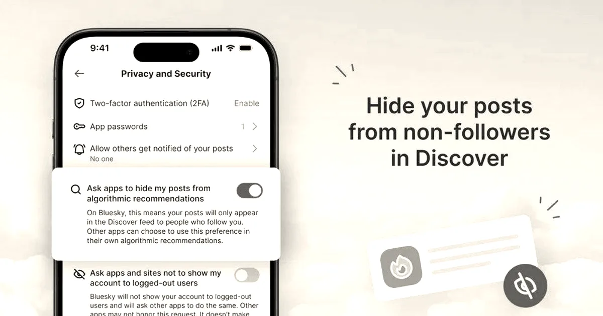 Smartphone displaying Bluesky privacy and security settings with the algorithmic opt-out toggle enabled.