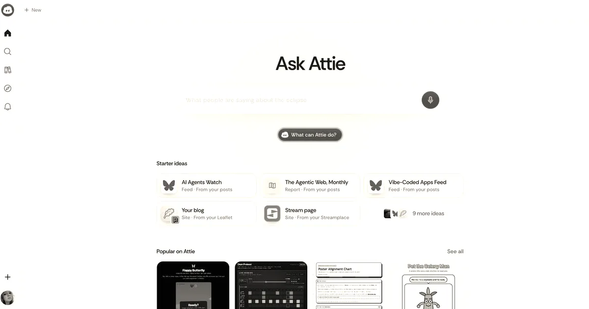 A screenshot of the Attie app interface by Bluesky showing starter ideas and a search bar.