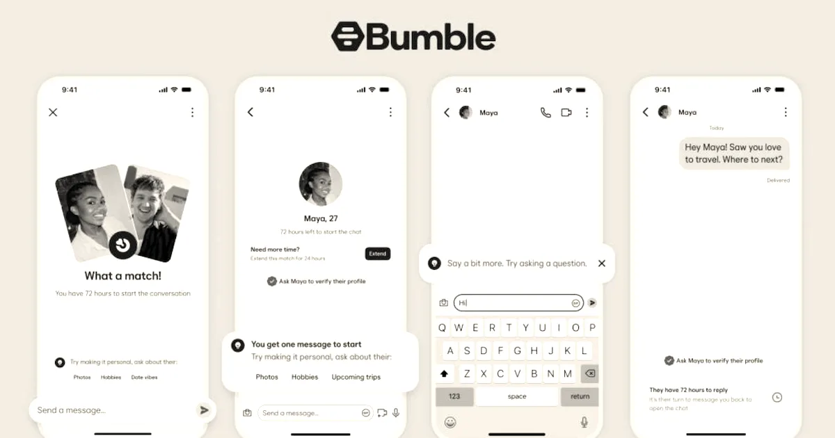 Screenshots of Bumble app interface displaying messaging options and prompts on multiple smartphone screens.
