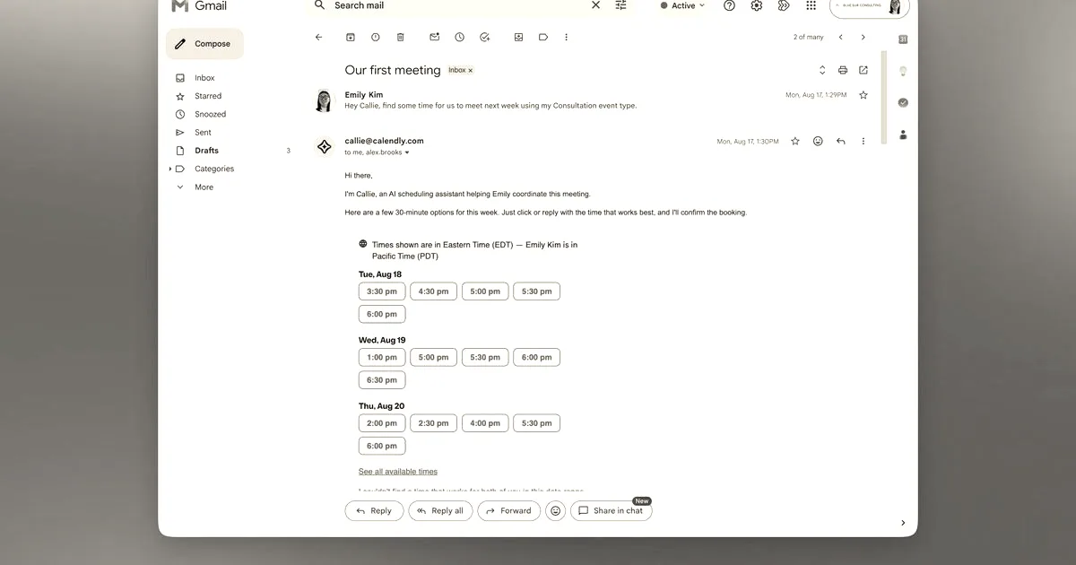 Email screenshot showing an AI assistant scheduling options in Calendly within a Gmail interface.