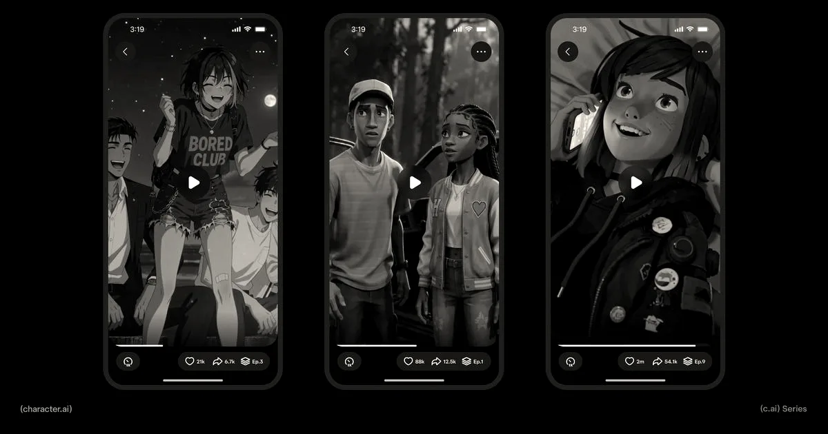 Three smartphone screens displaying vertical animated videos featuring anime and stylized characters from Character.AI Series.