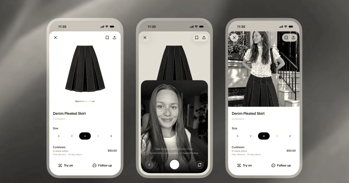Three smartphone screens displaying a virtual clothing try-on interface featuring a black pleated skirt.