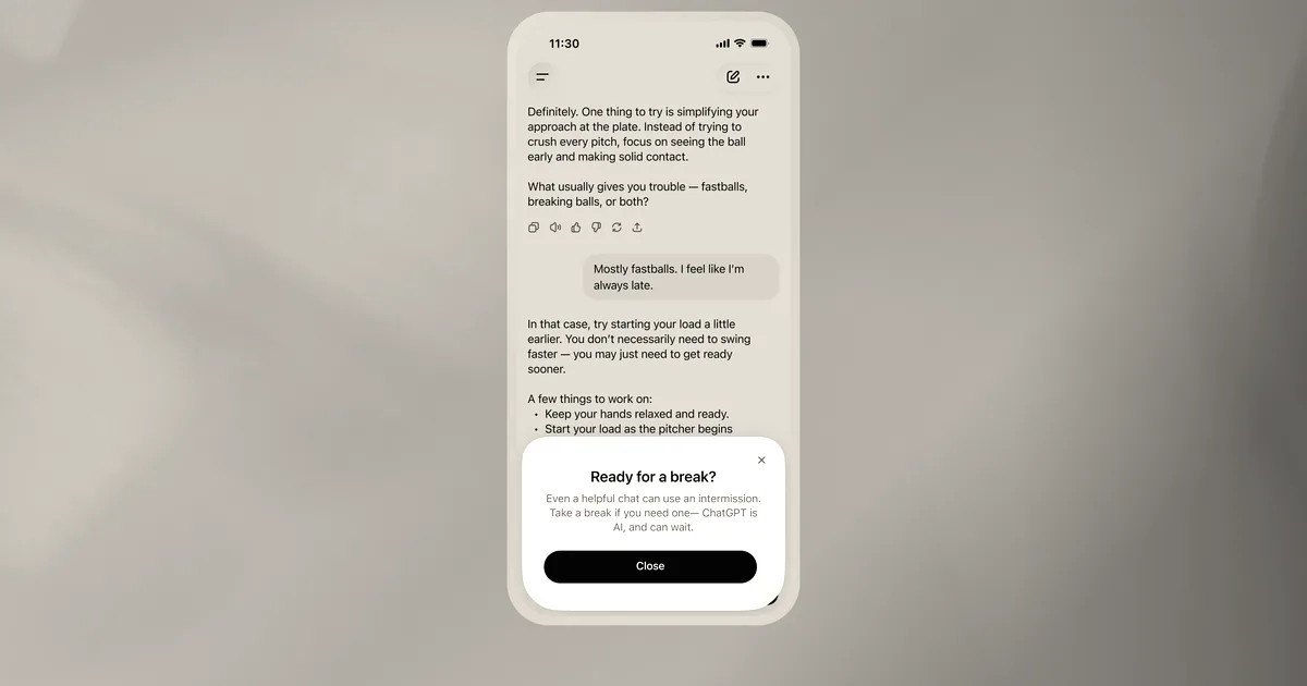 A smartphone interface showing a ChatGPT conversation with a pop-up prompt asking Ready for a break
