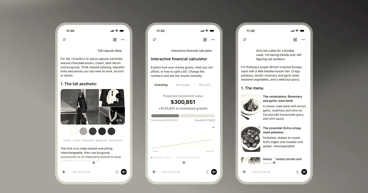 Three smartphone screens displaying ChatGPT's new visual interface with interactive menus, charts, and outfit ideas against a blue background.