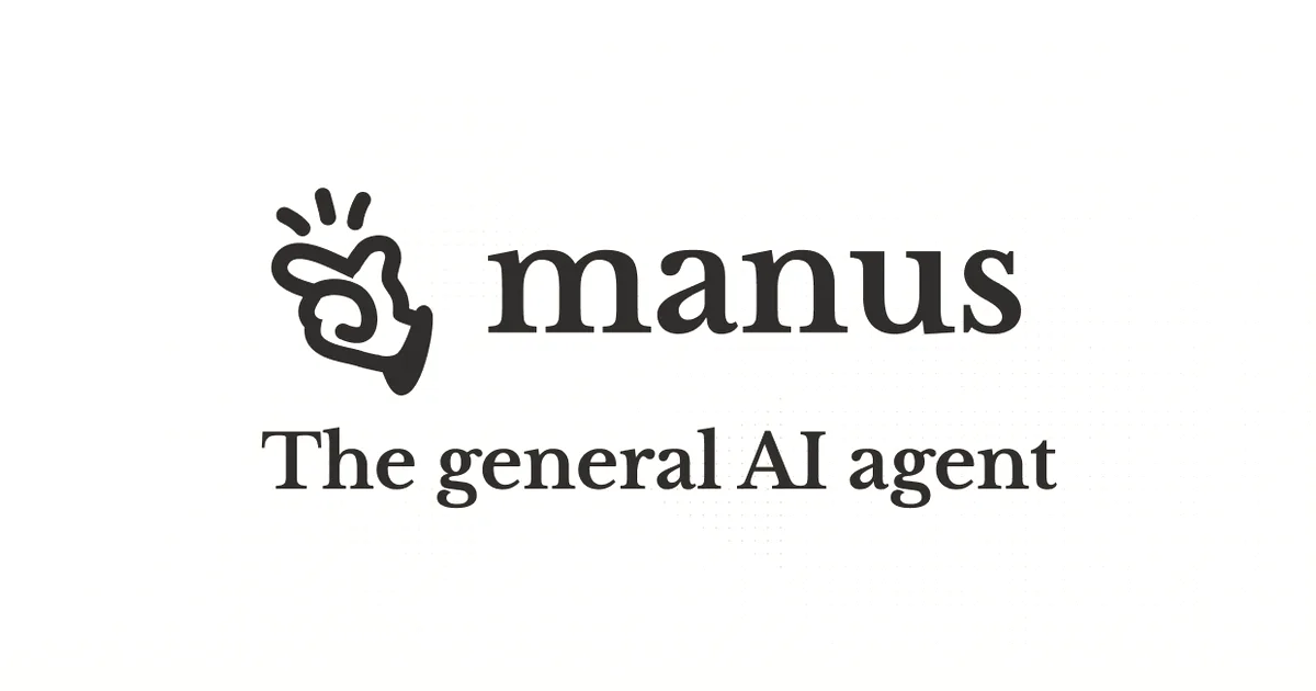 Manus logo featuring a stylized hand and text reading 'manus The general AI agent' on a gray background.