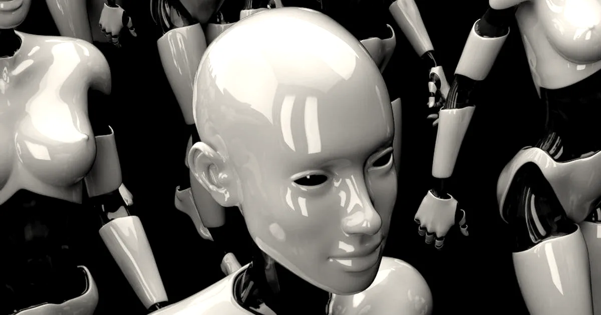 A group of glossy white humanoid robots positioned against a dark background.
