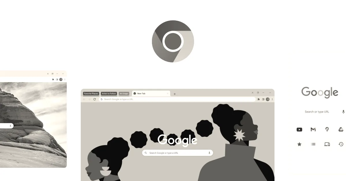 Google Chrome logo centered above illustrations of the web browser interface across different operating systems and devices.