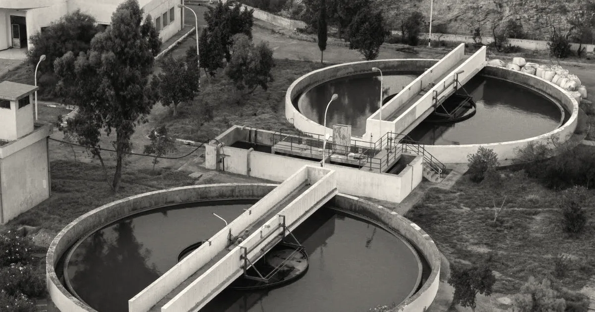 Aerial overview of circular clarification tanks filled with clear water at a water treatment facility.