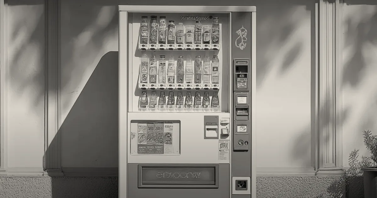 A white vending machine with blue accents and multiple rows of bottled beverages under bright sunlight.