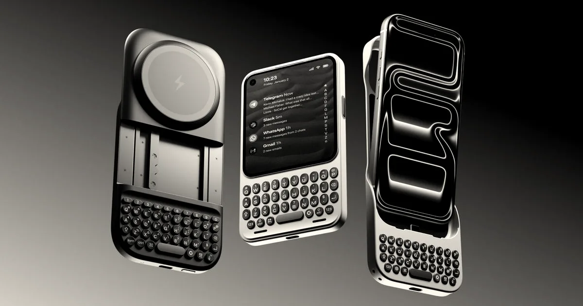 Three angles of the Clicks Power Keyboard case showing the front, back, and a phone inserted.
