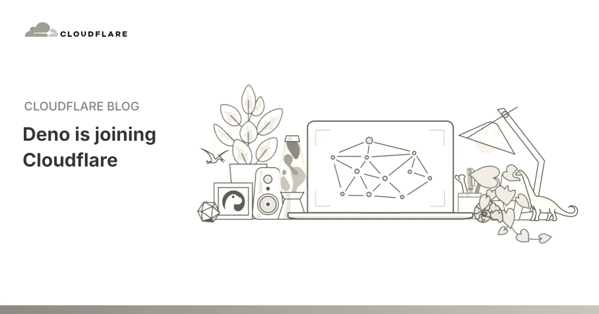 Illustration for Cloudflare blog announcing Deno is joining Cloudflare with laptop and desk objects