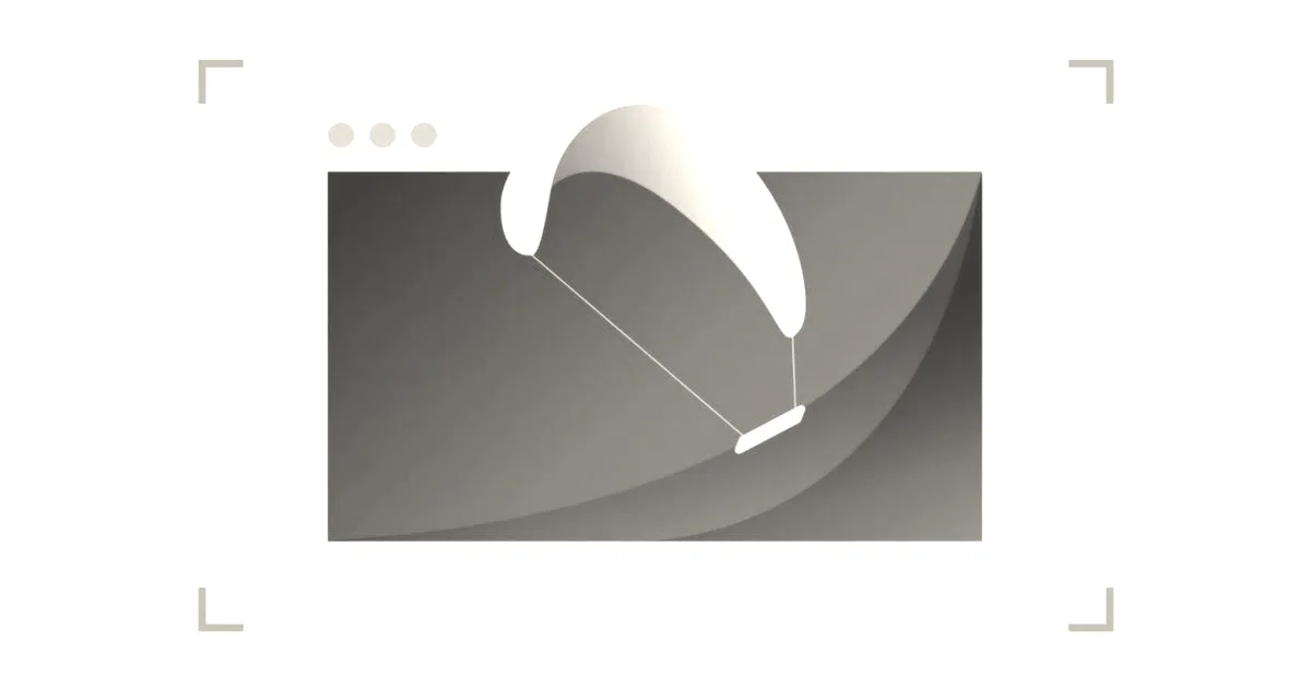 Stylized graphic illustration of a kitesurfing sail inside an orange browser window frame on a white background