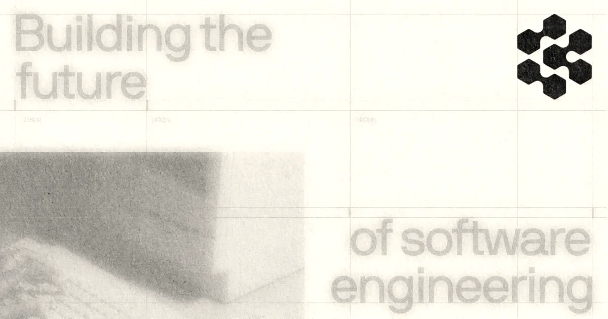 Graphic with Cognition logo, text reading Building the future of software engineering, and a blueprint design.