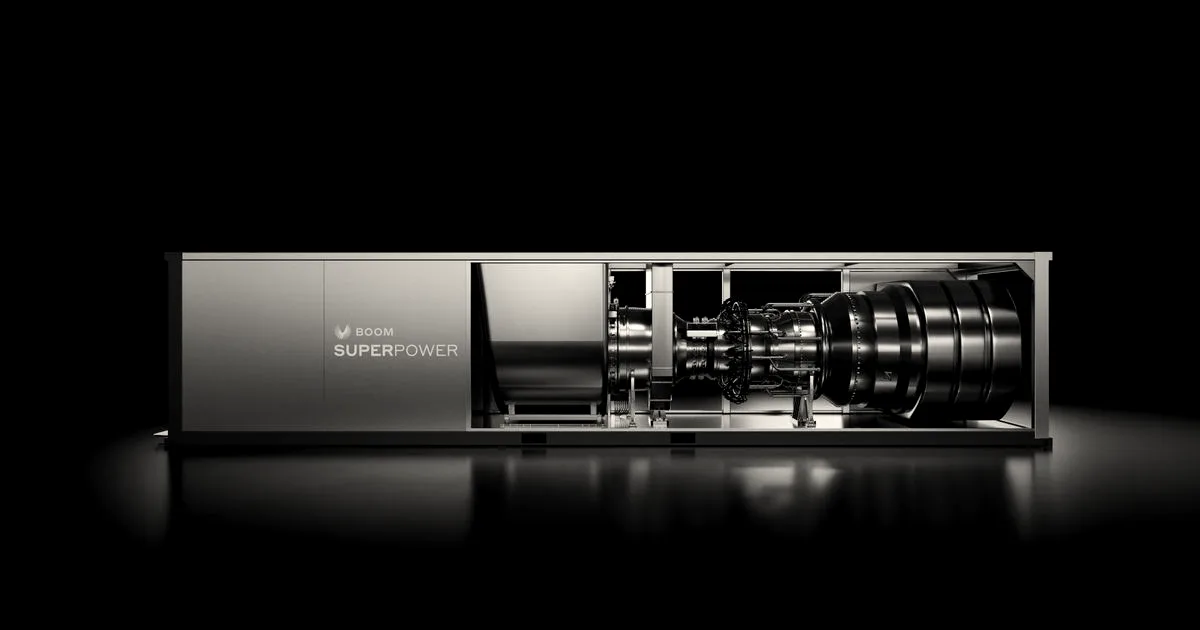 A stationary gas turbine generator labeled Boom Superpower set inside an open structural enclosure against a black background.