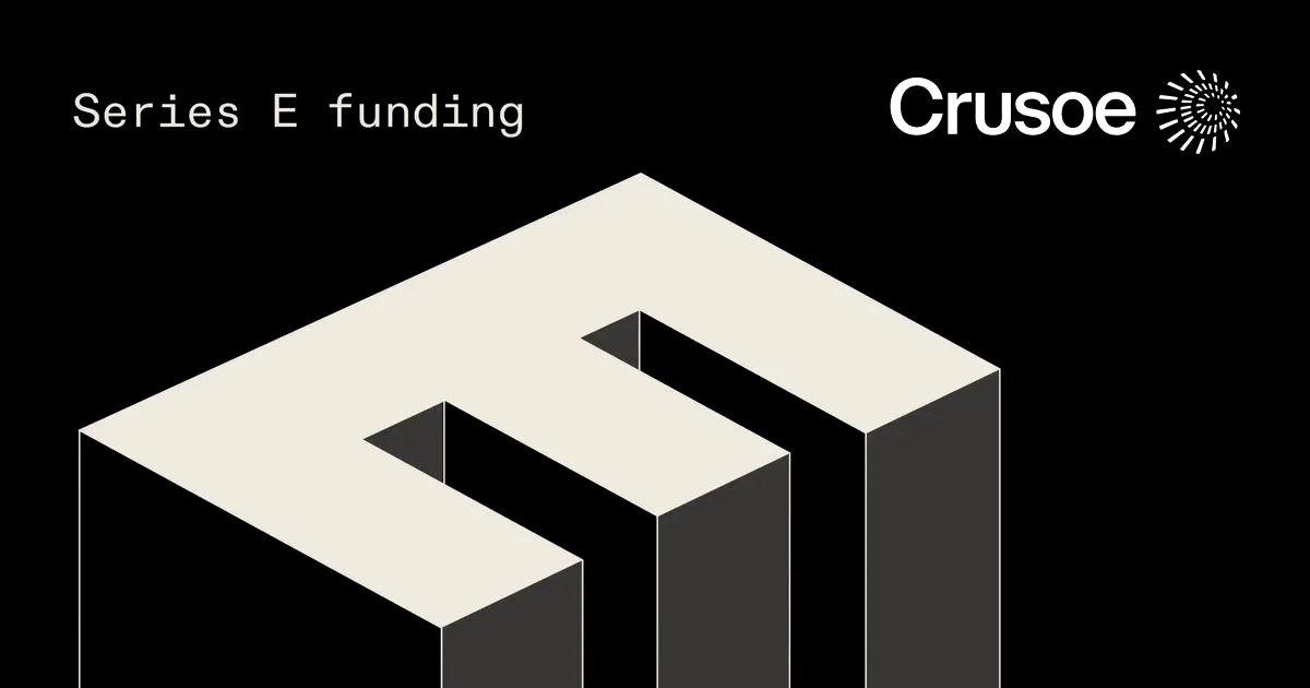 Graphic showing a stylized isometric green letter E on a black background alongside Crusoe's logo.