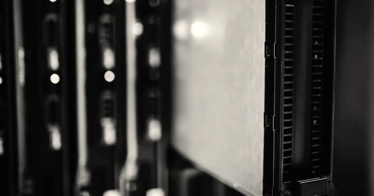 A close-up view of a modern server rack in a data center with indicator lights.