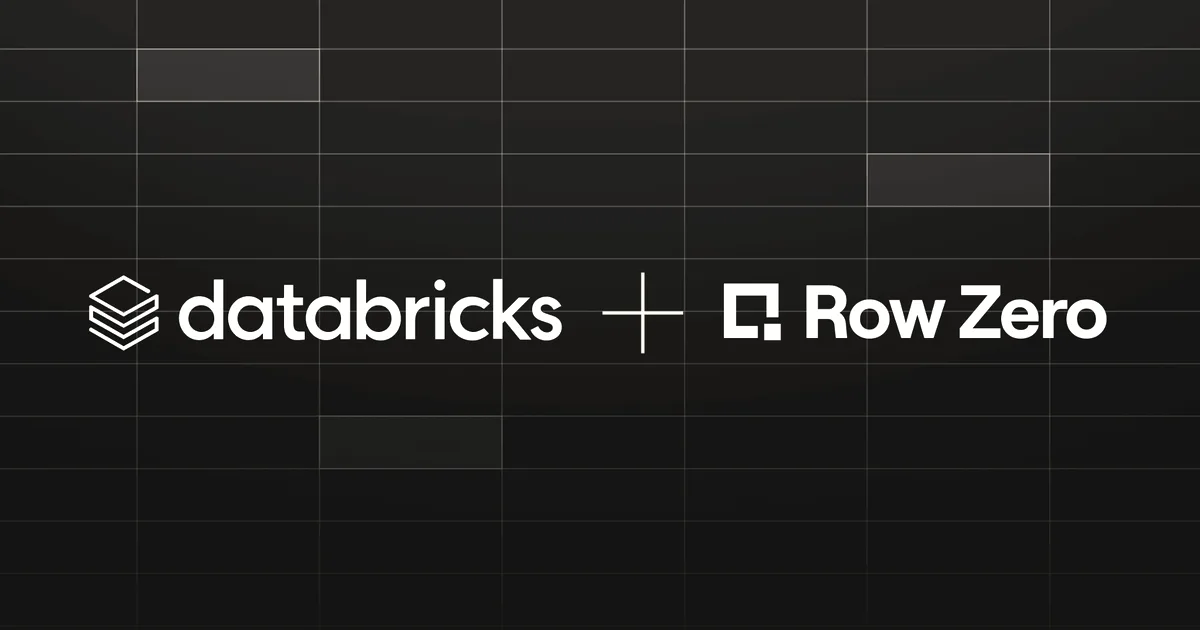 Databricks and Row Zero logos joined by a plus sign against a dark blue grid background.