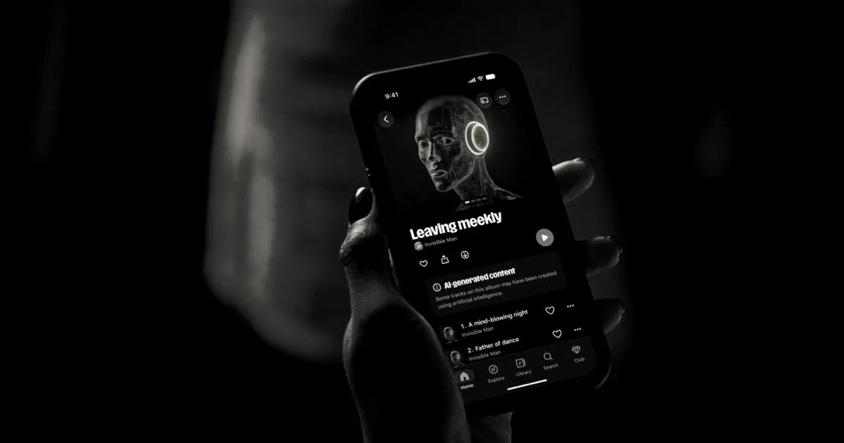 A hand holding a smartphone showing Deezer's music app with an AI-generated content label.
