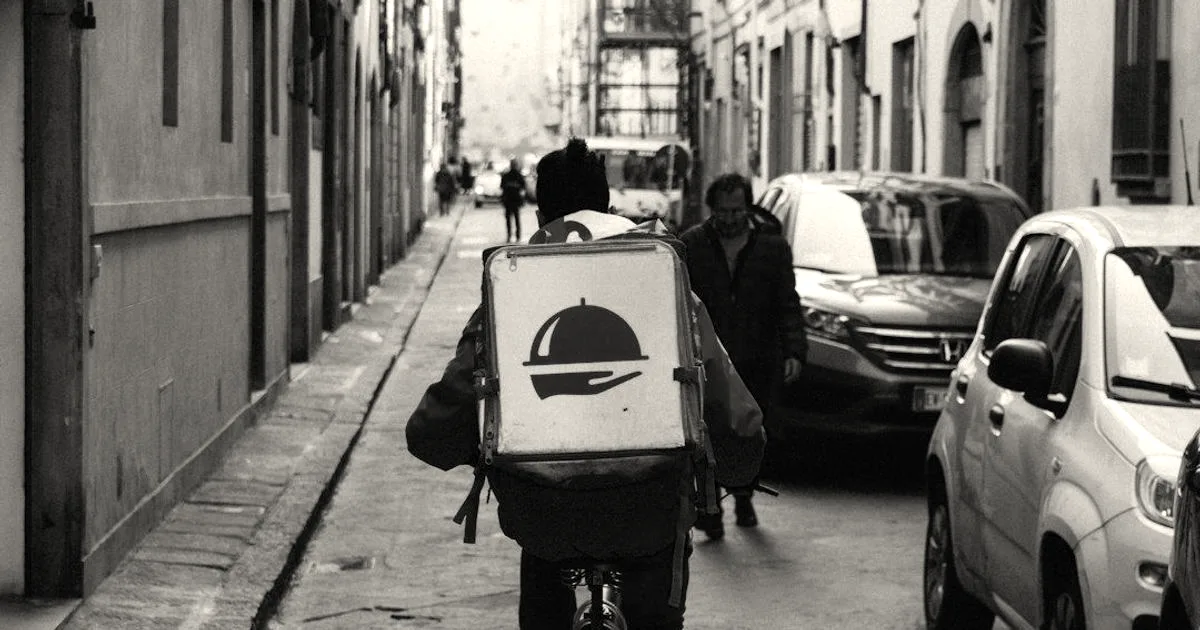 A food delivery courier on a bicycle riding down a narrow city street with a thermal backpack.