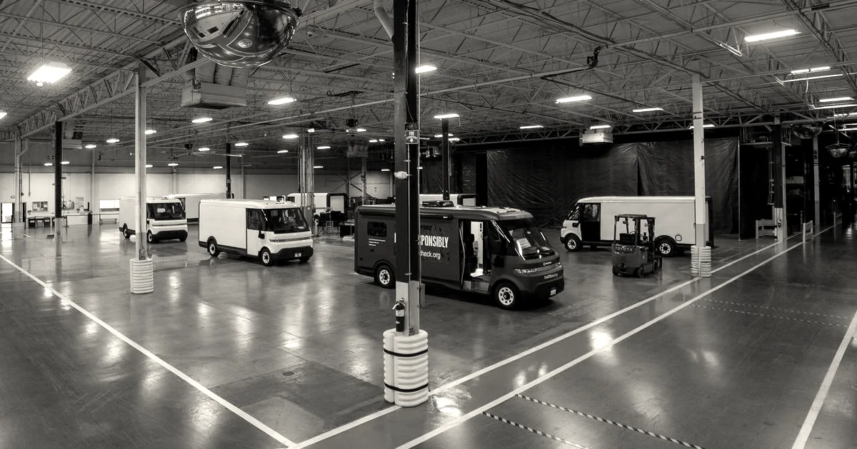 An expansive warehouse facility with several customized electric vans and a small forklift parked across the floor