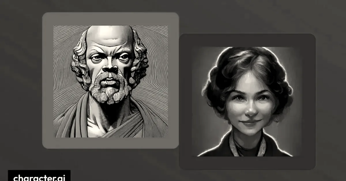 Digital illustration featuring two character avatars with character.ai branding against a purple gradient background