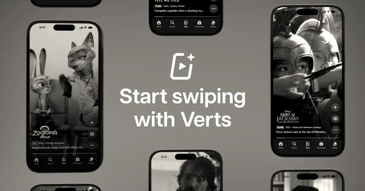 Phone screens showing Verts app splash screen and clips with text 'Start swiping with Verts'