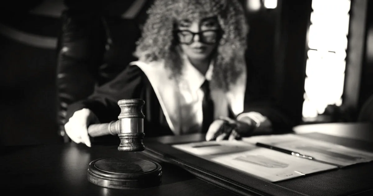 A judge in a courtroom holding a gavel, focused on legal documents.