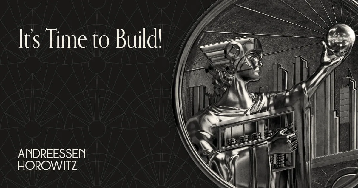 Gold coin illustration featuring an art deco statue holding an abacus and glowing sphere beside Andreessen Horowitz text