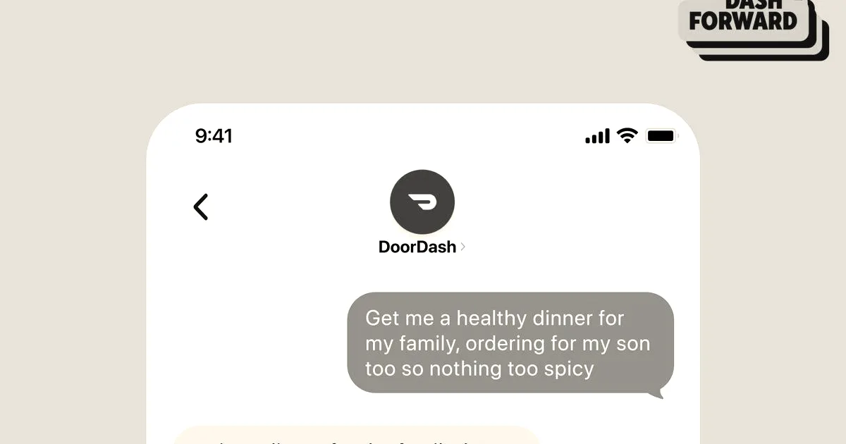 A smartphone screen displaying a text conversation with DoorDash AI ordering a healthy family dinner.