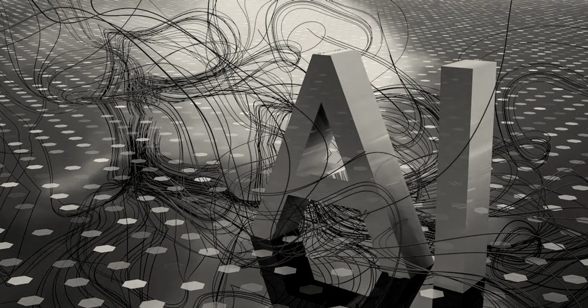 Three-dimensional blue letters spelling AI surrounded by flowing black lines on a patterned surface