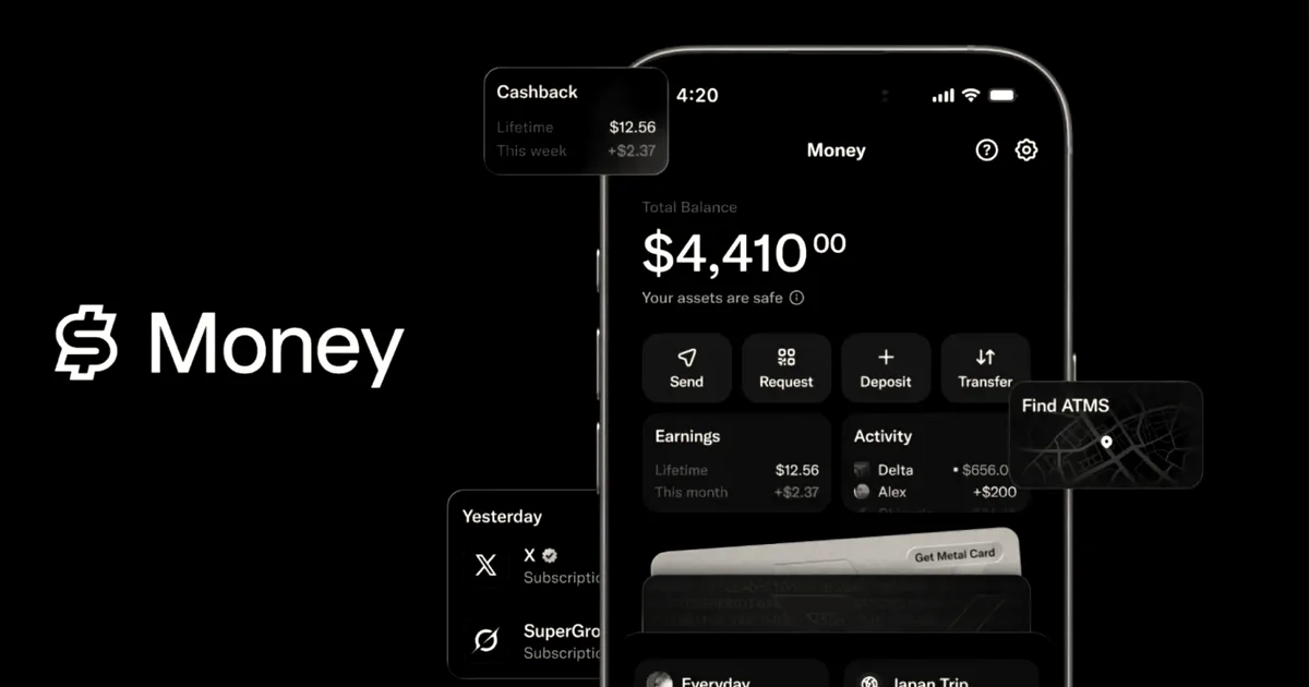 Promotional graphic for X Money showing an iPhone displaying the digital banking app interface alongside X Money branding.
