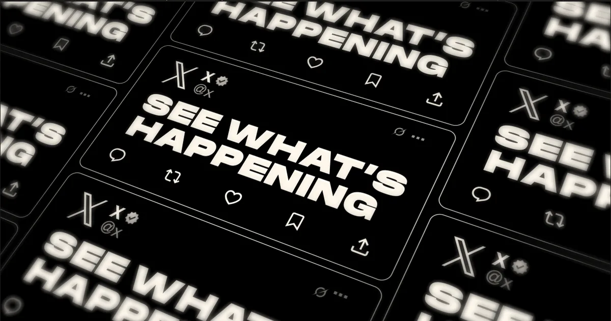 Multiple stylized X app brand cards featuring the text 'See What's Happening' arranged in a grid.