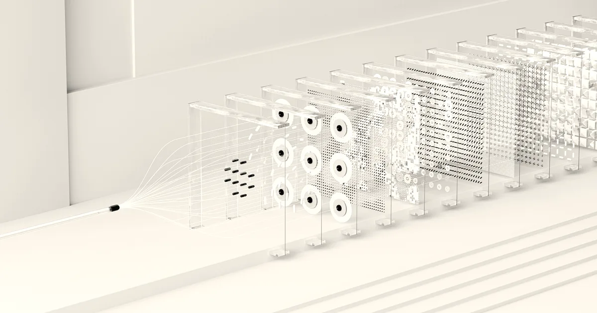 An abstract 3D visualization of layered neural network panels and data points on a white background.
