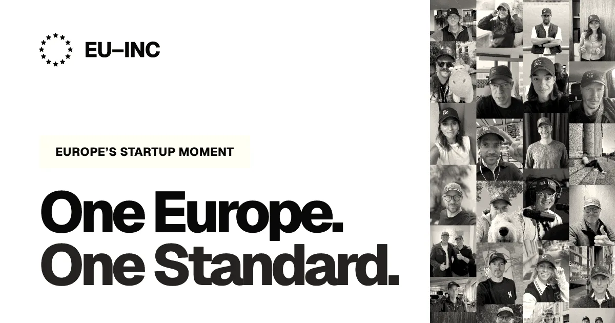 Graphic reading EU-INC and One Europe One Standard alongside portraits of European founders and investors