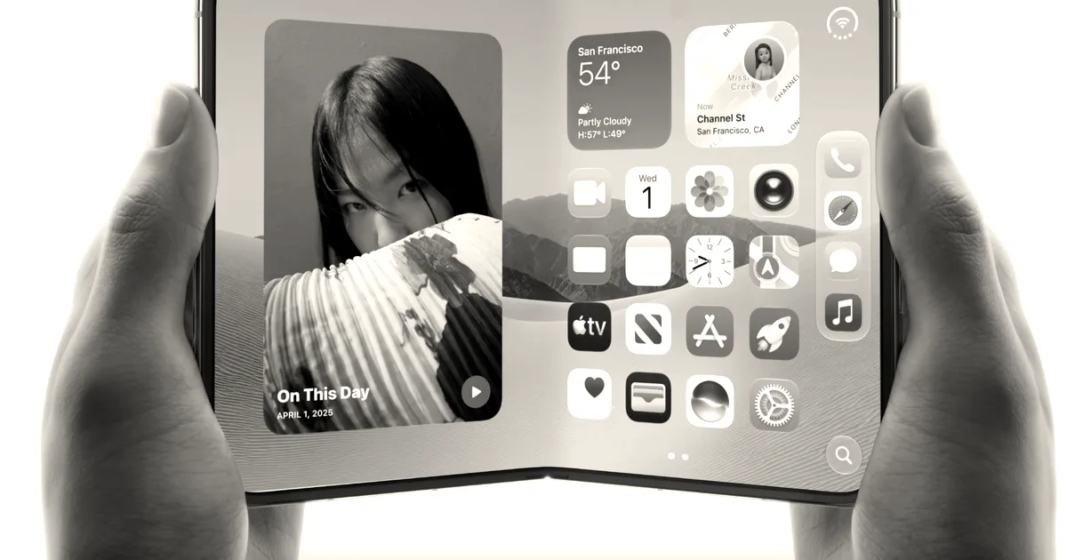Hands holding a foldable Apple iPhone Duo showing apps and photos on its inner display