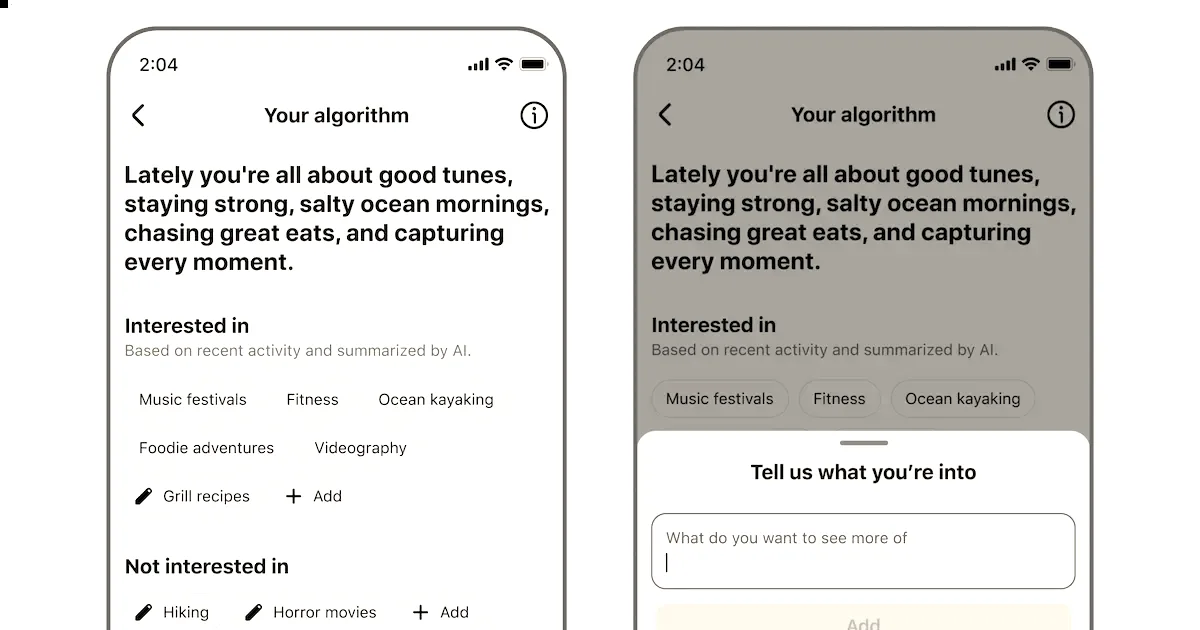 Screenshots of Facebook mobile interface showcasing user controls to customize their feed algorithm and interests.