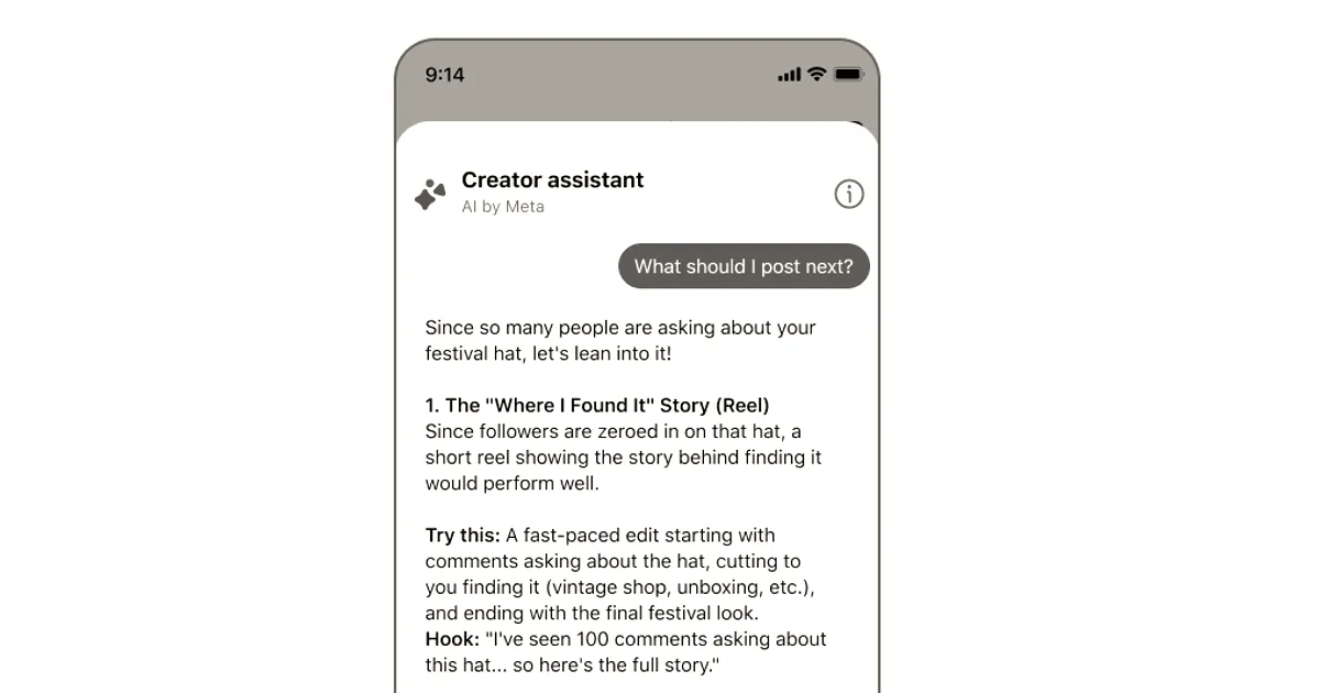 Smartphone interface displaying Facebook's Creator assistant AI generating post suggestions and ideas for a creator.