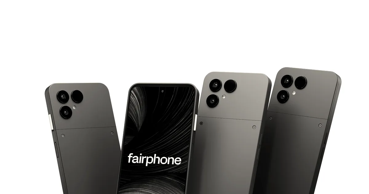 Four Fairphone smartphones in blue, green, and black finishes displayed against a plain background